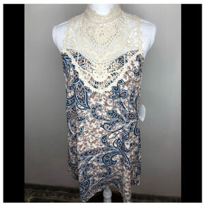 NWT JODI KRISTOPHER Paisley and Lace Mini Dress, M